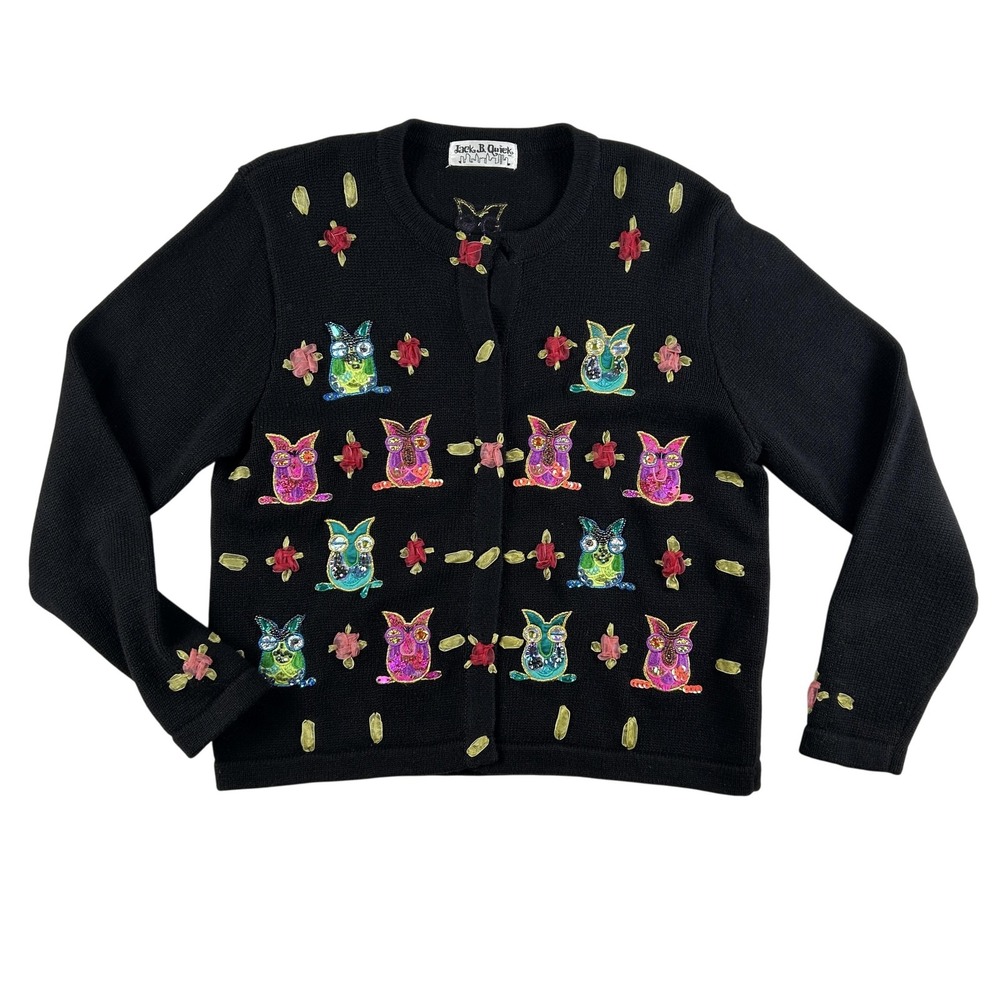 Vintage Jack B Quick Sweater Womens‎ Medium Beaded Owl Embroidered Cardigan 90s